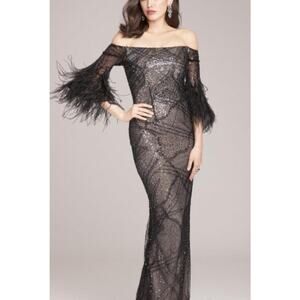 Teri Jon Rickie Freeman Sequin Overlay Formal Dress w/ Feathers Black 4